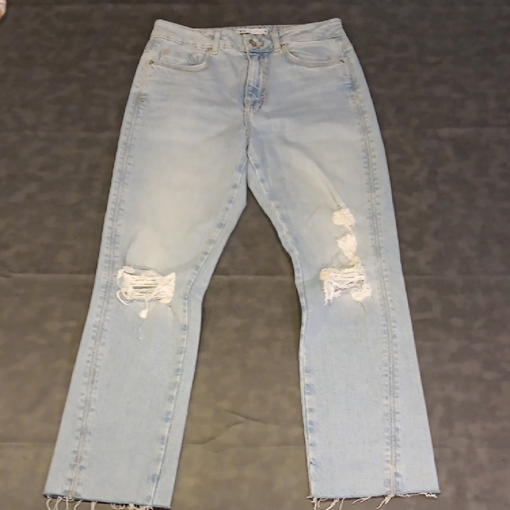 Zara Light Blue Straight Leg Cropped Distressed High Rise Jeans